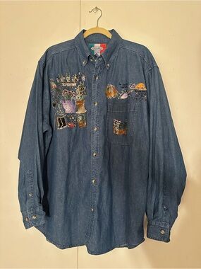 Vintage 90s Fulvio Hand Painted Denim Shirt - Gardening Cottage/Teacher Core XL